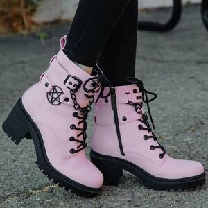 Edgy Pink Combat Boots with Pentagram Detail